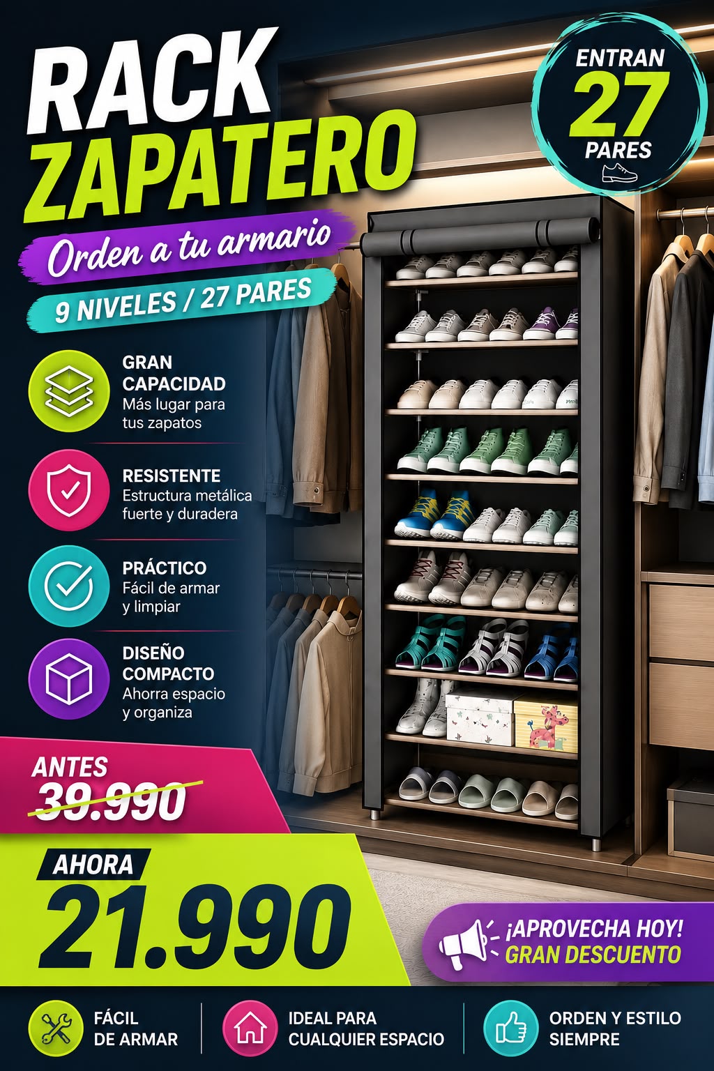 Rack Zapatero 9 niveles p/27 pares con cubierta desmontable👞 (ENVIÓ GRATIS)