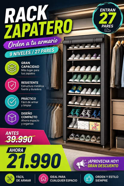 Rack Zapatero 9 niveles p/27 pares con cubierta desmontable👞 (ENVIÓ GRATIS)
