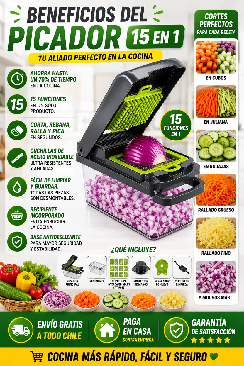 Picador de Verduras Multifuncional 15 en 1 | Corta, rebana y ralla en segundos