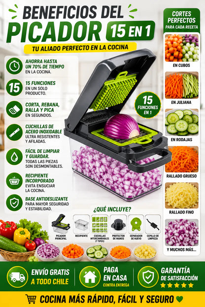 Picador de Verduras Multifuncional 15 en 1 | Corta, rebana y ralla en segundos