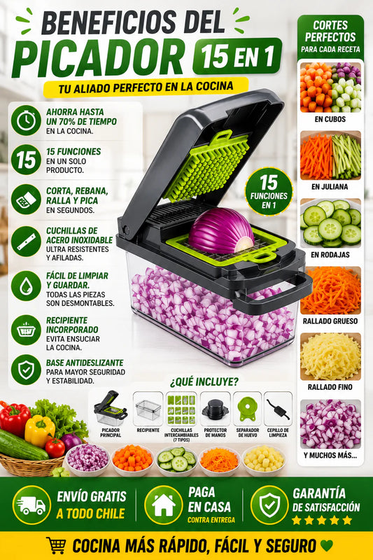 Picador de Verduras Multifuncional 15 en 1 | Corta, rebana y ralla en segundos
