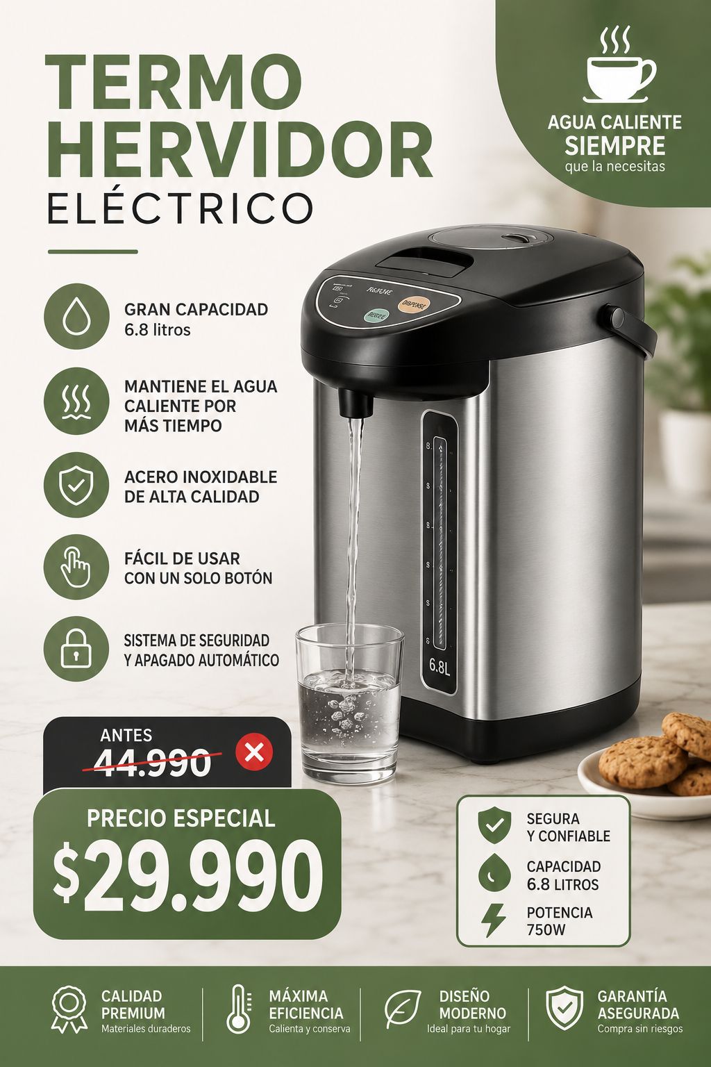 Hervidor De Agua Termo Electrico Agua Hervidor 6.8 Litros Color Gris
