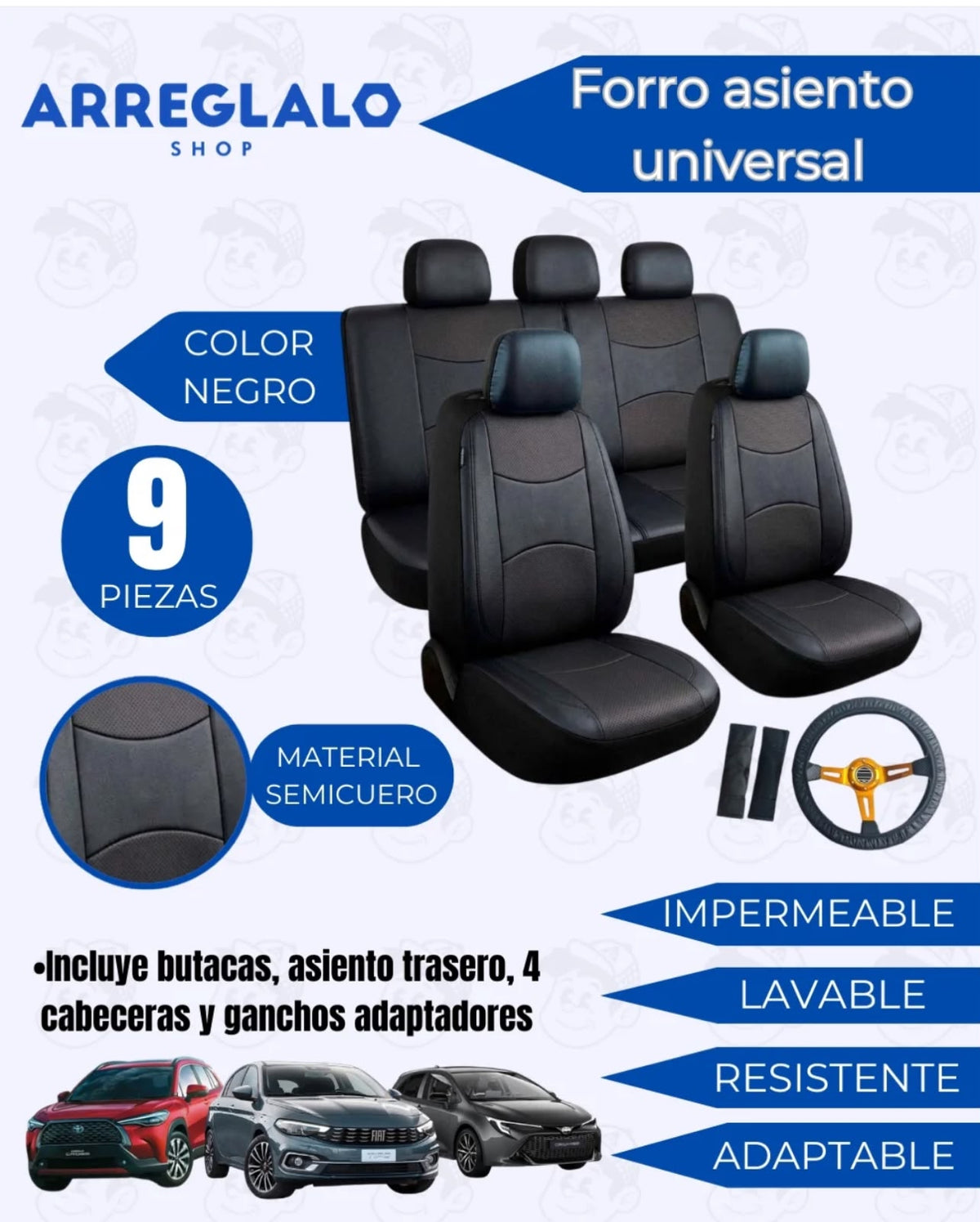 Cubre Asientos De Coche Cuero premium Universal Respirable 9 Piezas