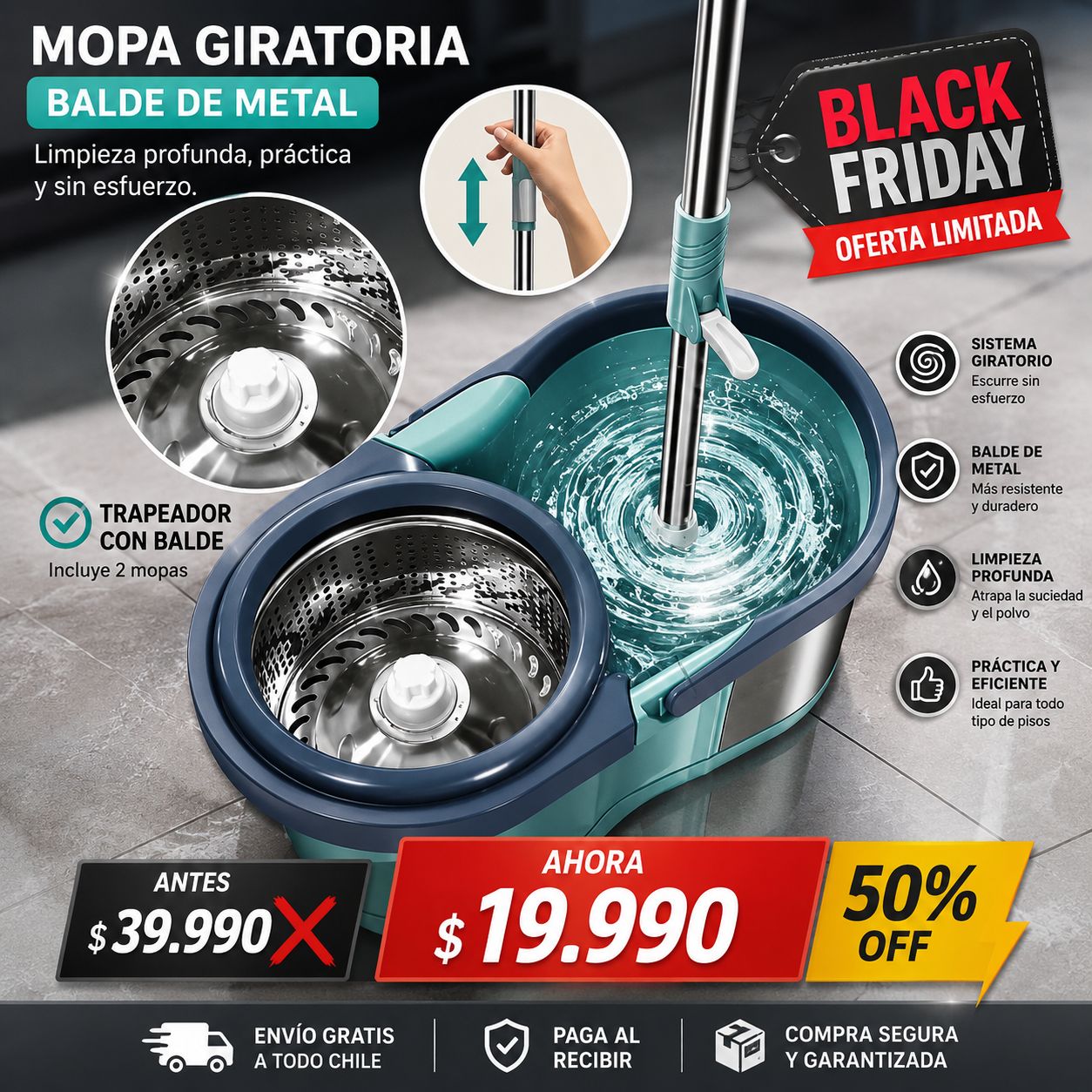 Mopa Giratoria Auto Exprimible🧹 + Balde 🪣 + Mopa de Repuesto 🎁