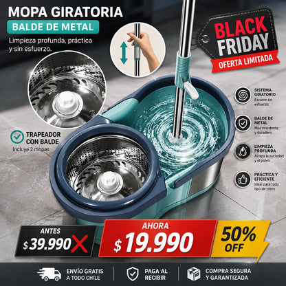 Mopa Giratoria Auto Exprimible🧹 + Balde 🪣 + Mopa de Repuesto 🎁