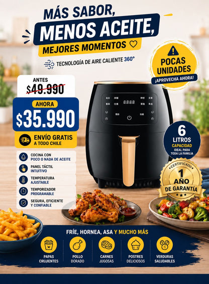Freidora de Aire LCD Pantalla Táctil 6 LITROS XL